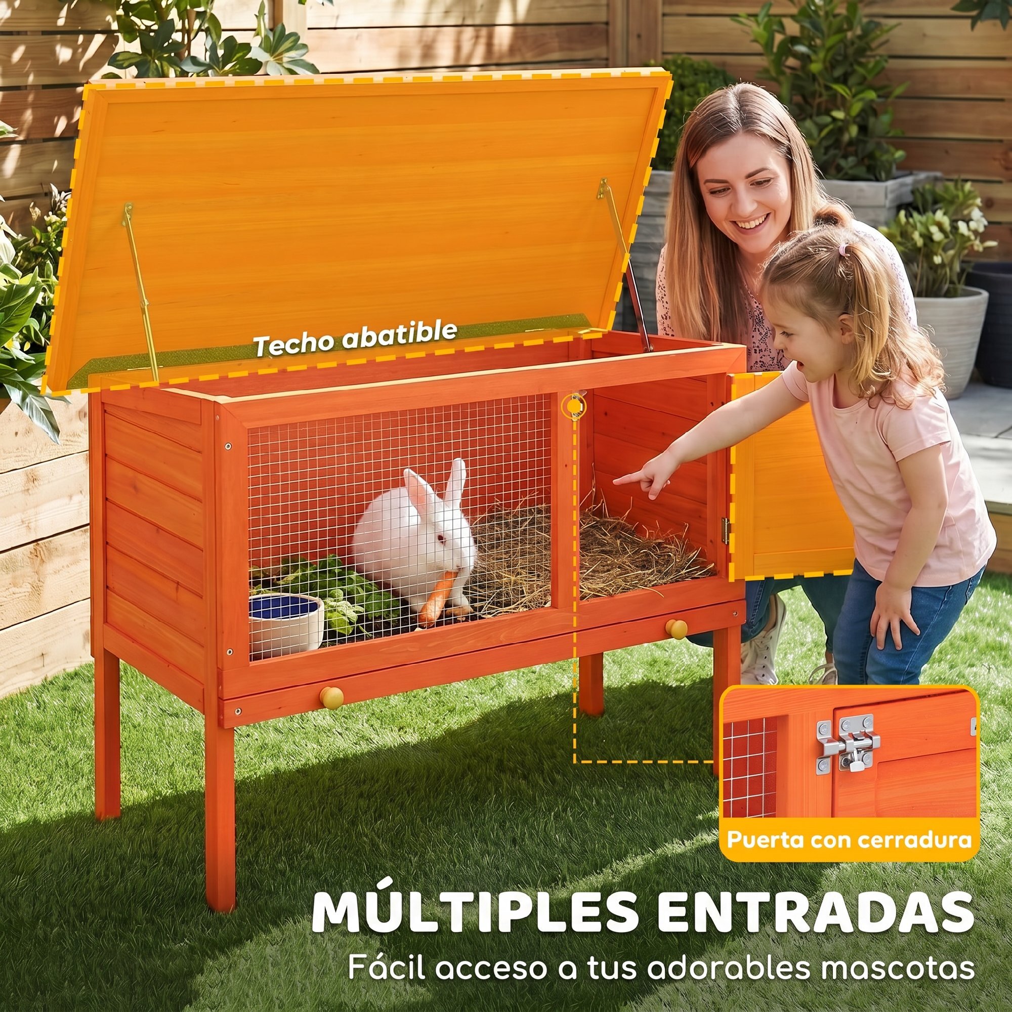 Conejera de Madera, Jaula para Conejos Medianos con Techo Asfáltico Abatible, Bandeja Extraíble, Puerta con Pestillo, Conejera Elevada Exterior, para Cobayas y Chinchillas, 90x45x65 cm, Naranja