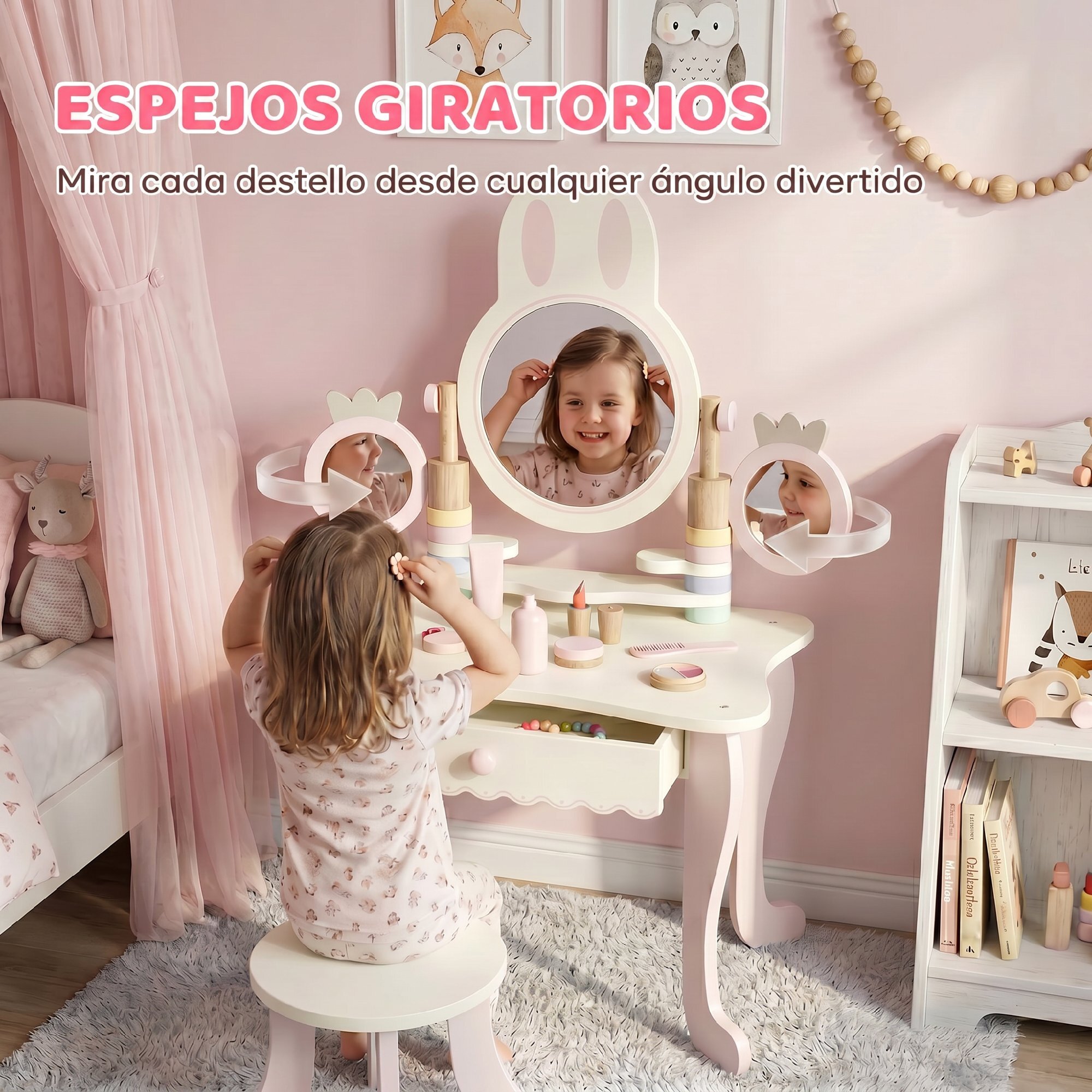 Tocador para Niñas, Tocador de Maquillaje Niñas con Taburete, Espejos Giratorios, Cajón, 6 Accesorios, Bandejas Laterales, Juguete para +3 Años, Rosa