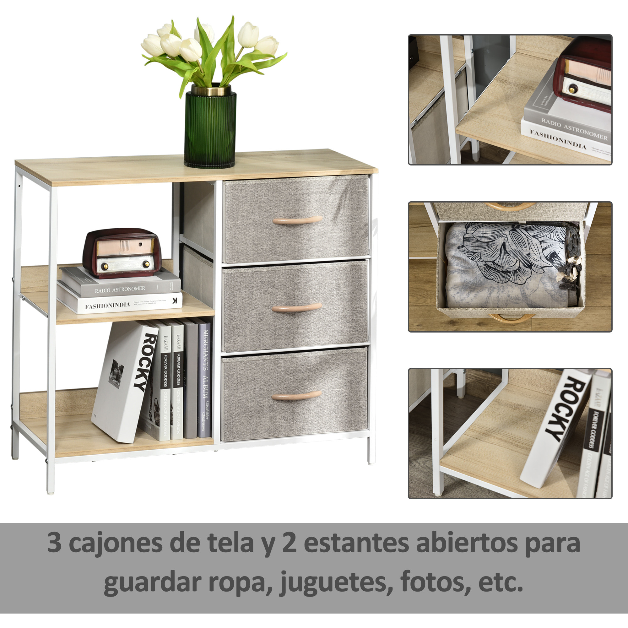 Cajonera de Tela Estrecha, Cómoda de Tela con 3 Cajones Plegables, 2 Estantes Abiertos y Amplia Encimera, Cómoda para Dormitorio, Salón y Pasillo, Natural y Gris Claro