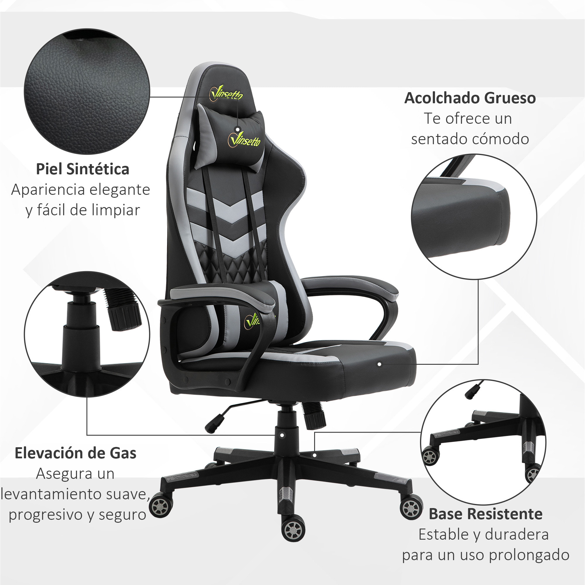 Silla Gaming Basculante Silla Gamer Altura Regulable con Reposacabezas y Cojín Lumbar para Oficina Dormitorio Carga 120 kg 61x70x121-129 cm Negro y Gris