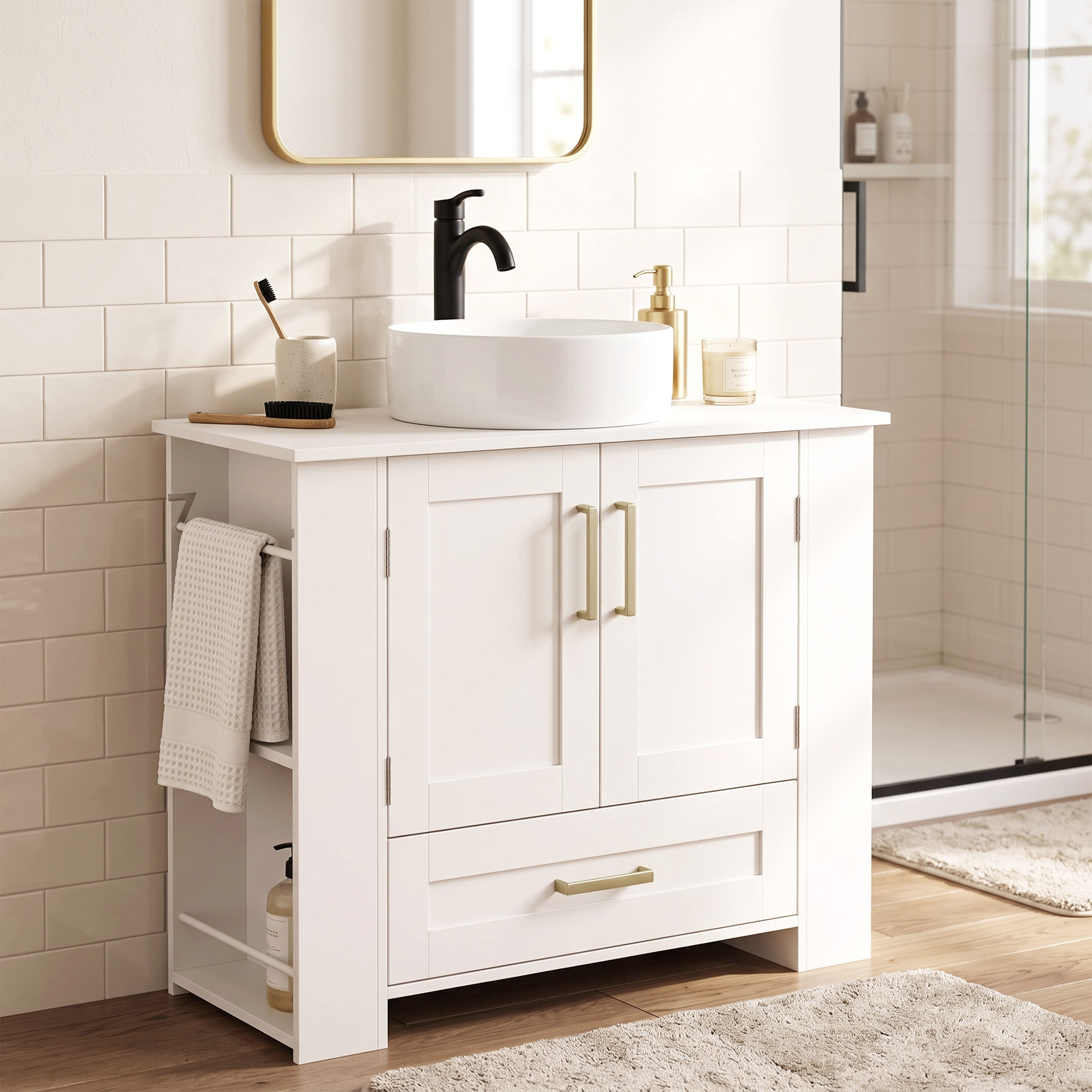 HOMCOM Mueble Bajo Lavabo, Mueble de Baño con Estantes en la Puerta, Portarrollos, Cajón, Compartimentos Abiertos, para Lavabo sin Pedestal, 80x30x62 cm, Blanco