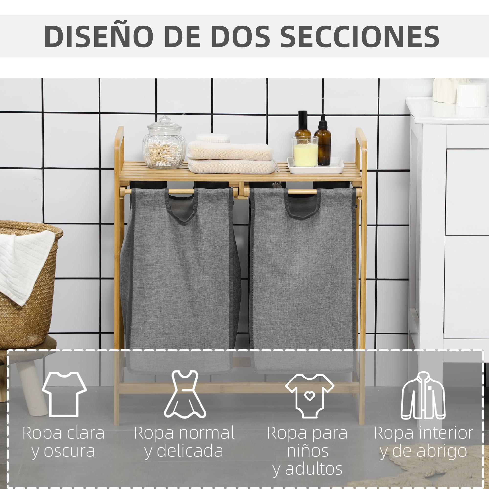 Cesto de Ropa Sucia de Bambú Cesto para la Colada Cesta de Lavandería con 2 Bolsas Extraíbles y Estante para Dormitorio Baño Lavadero 63,5x33x73 cm Natural y Gris