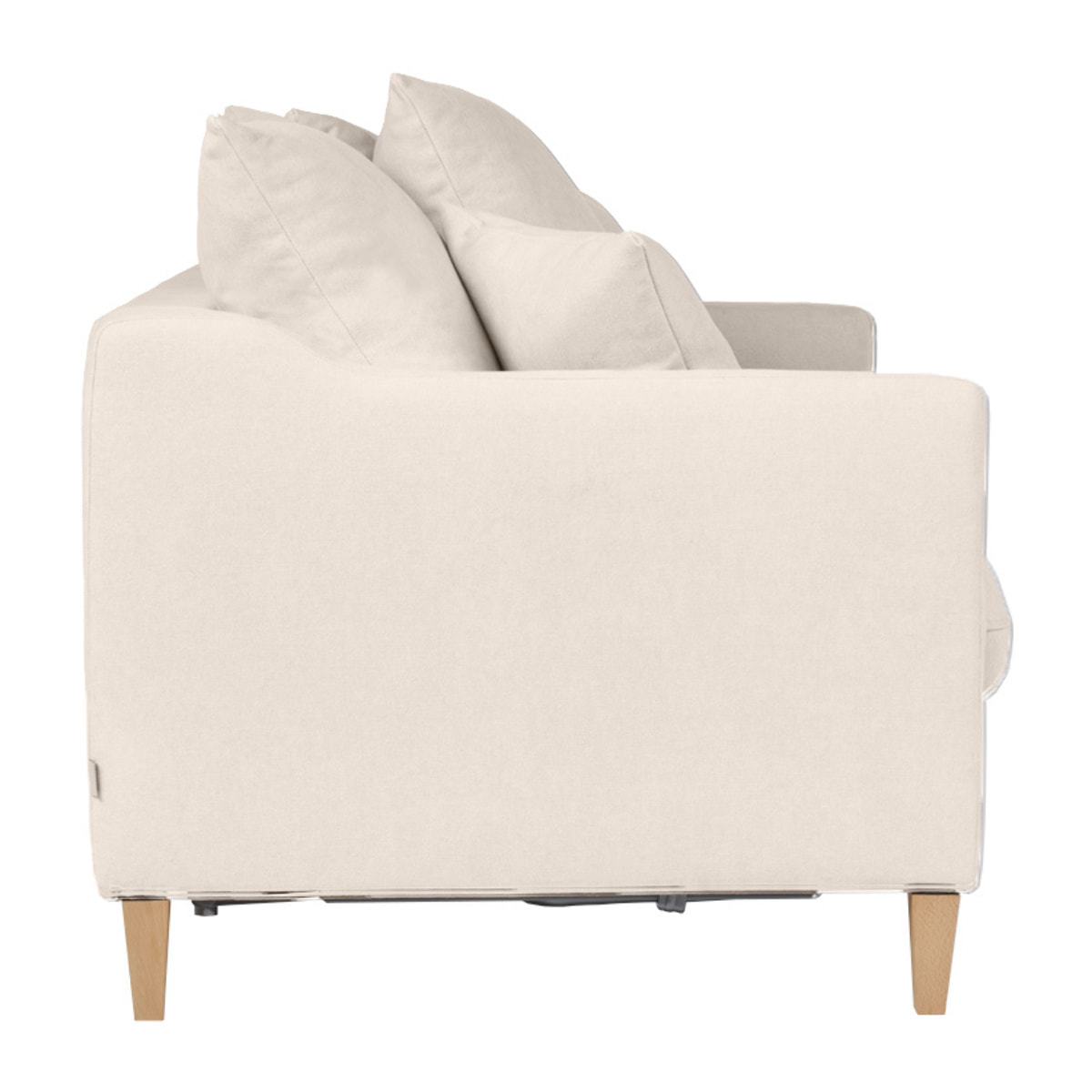 Canapé convertible scandinave 3 places en tissu effet velours beige et bois clair LOUISE