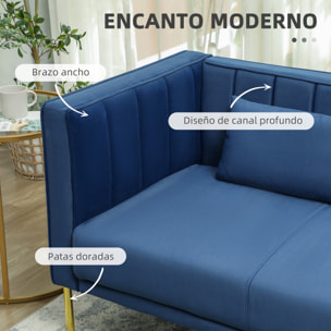 Sofá de 3 Plazas Sofá de Salón de 194,5 cm Tapizado en Terciopelo con 2 Almohadas Reposabrazos y Patas Doradas para Sala de Estar Azul Marino