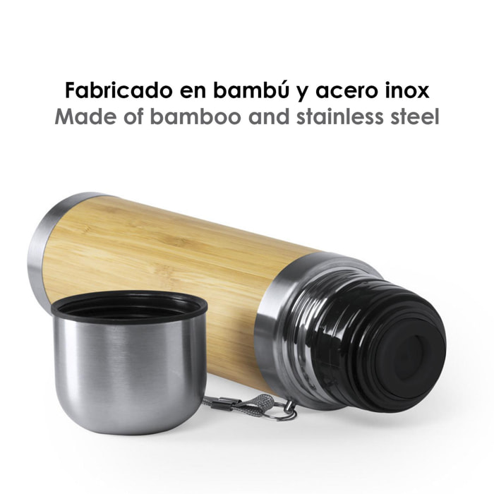 Tiaky termo de bambú y acero inox de 420ml. Cobertura para conservar de la temperatura y cierre con tapón taza.