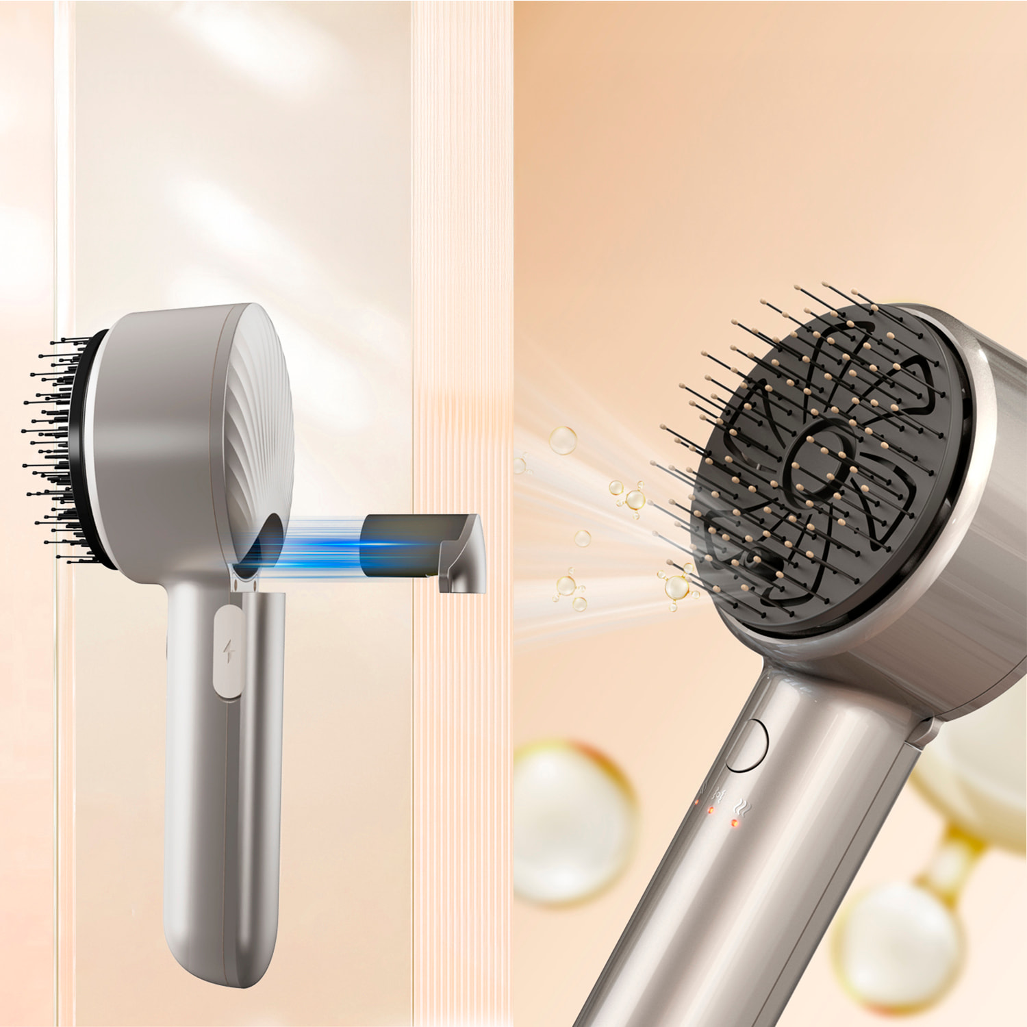 Pettine atomizzatore con massaggio a due velocità e base.