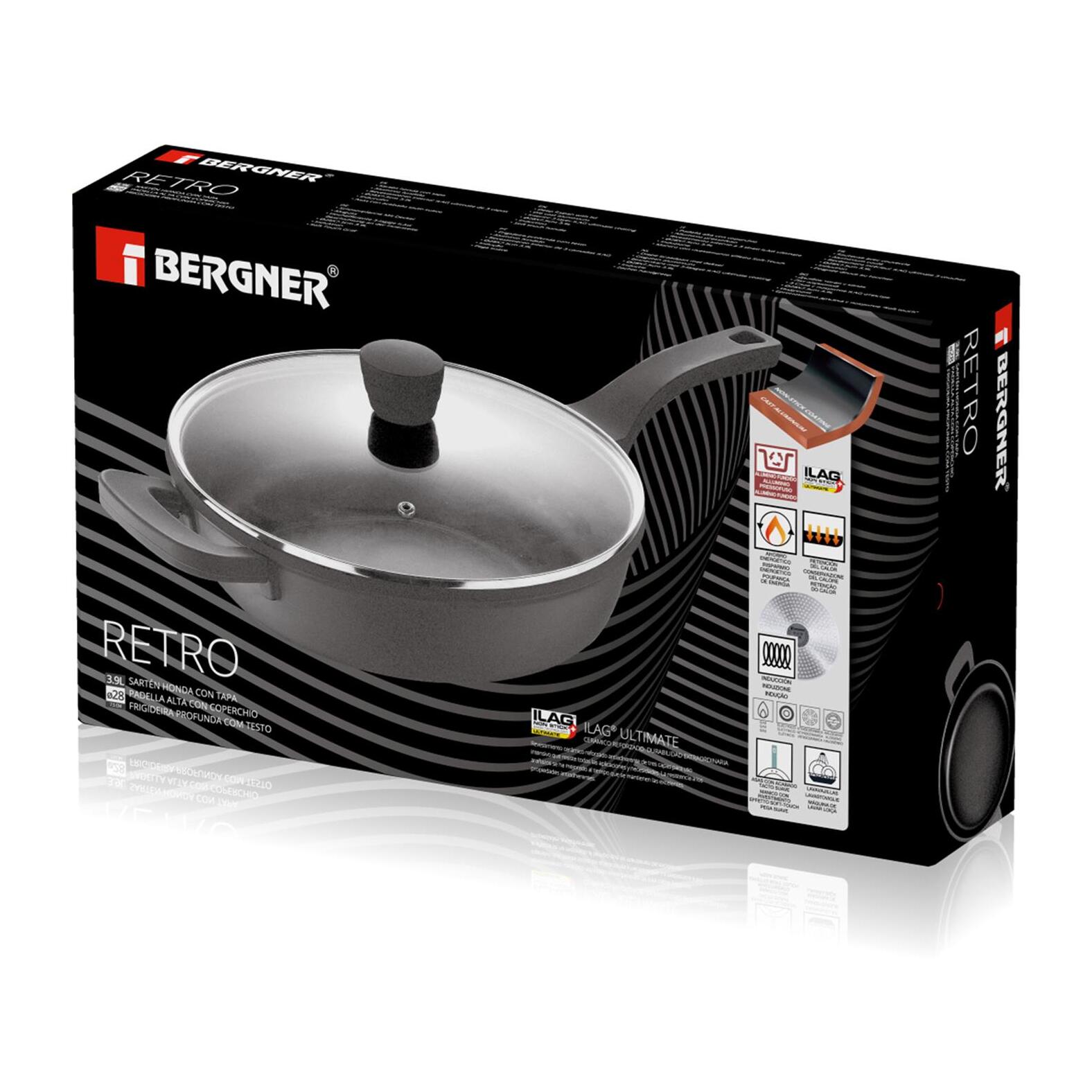 Sartén Honda Ø28x6cm en Aluminio fundido RETRO con tapa Bergner