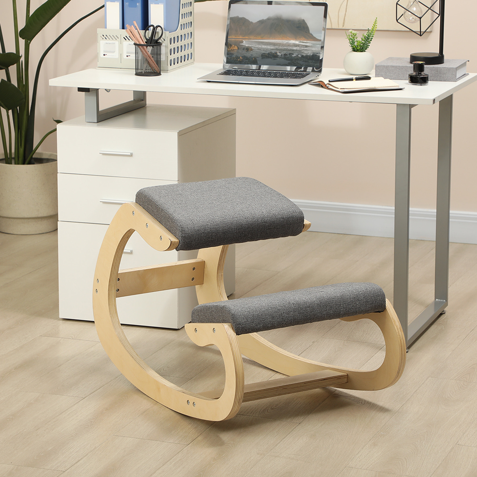 Silla Ergonómica de Rodillas, Silla de Rodillas de Madera, Taburete Ergonómico, Cojín Acolchado, para Mejorar la Postura, para Casa y Oficina, Gris