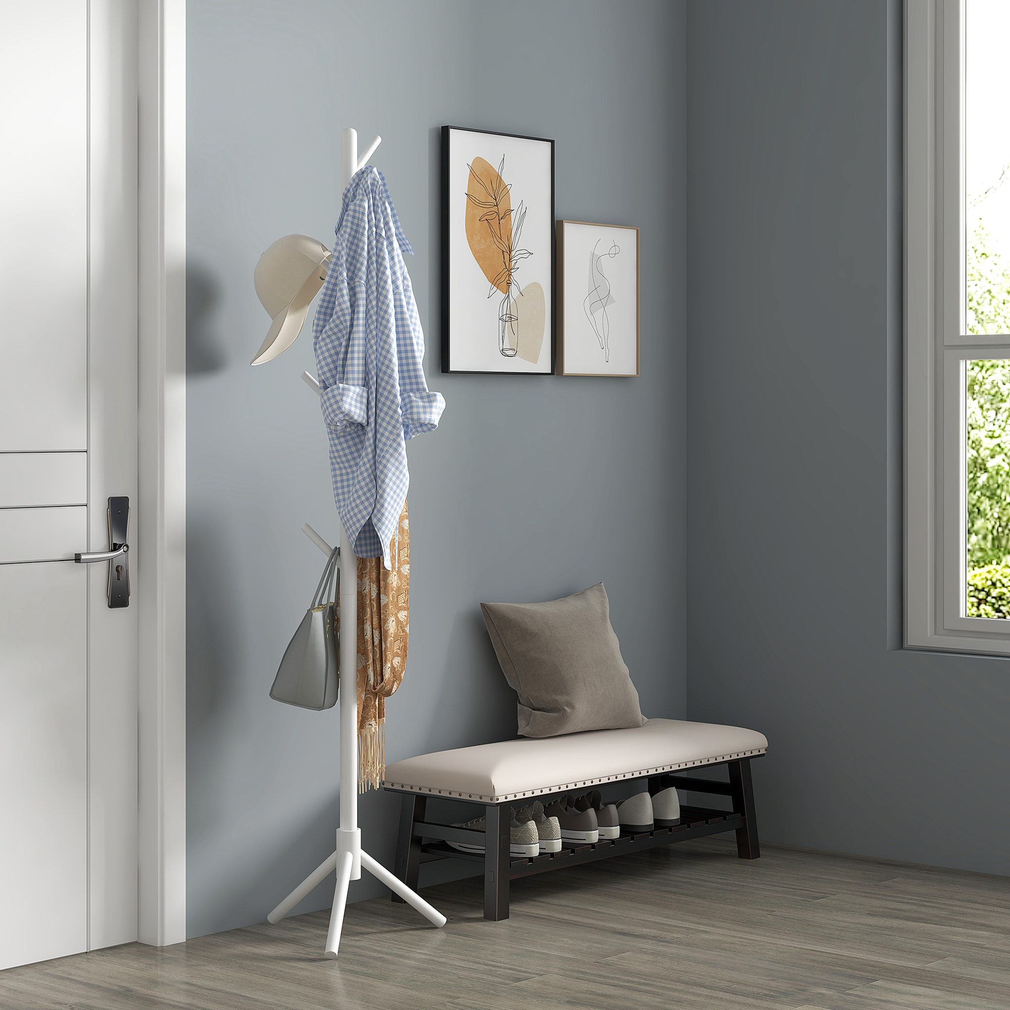Perchero de Pie Perchero para Ropa de Madera con 8 Ganchos para Colgar Bolsas Forma de Árbol para Pasillo Entrada Dormitorio 40x40x165 cm Blanco