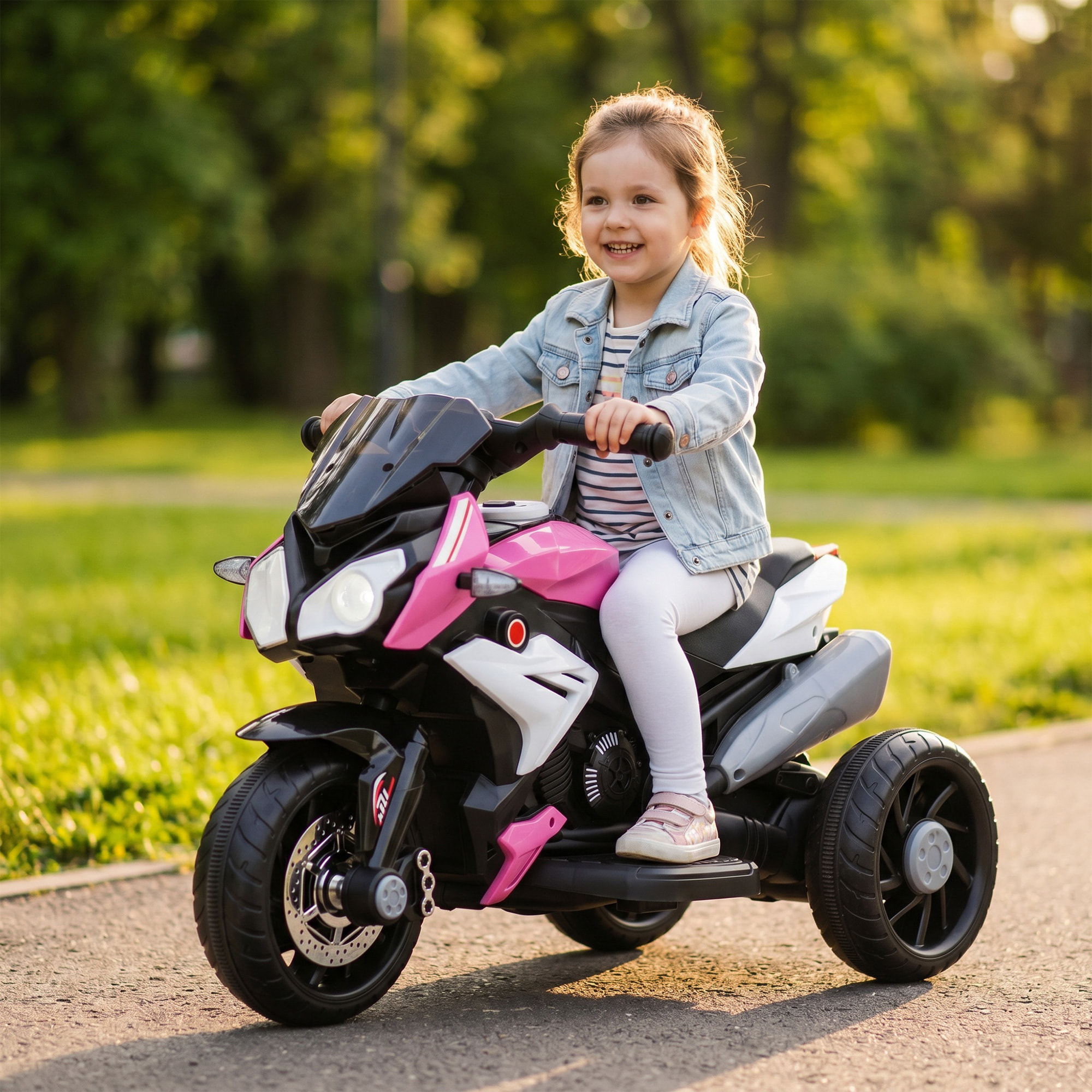 HOMCOM Moto Eléctrica para Niños con 3 Ruedas, Moto Eléctrica Infantil con Pedal, Faro LED, Música y Bocina, Regalo para Niños y Niñas de 3 a 5 Años, Rosa