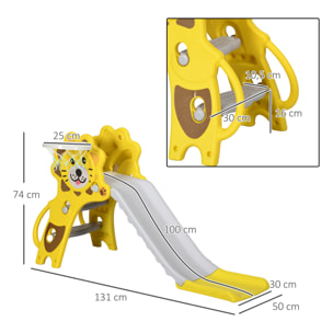 Tobogán Infantil 2 en 1 Tobogán para Niños de 18 a 36 Meses con 2 Escaleras 1 Canasta de Baloncesto y Patrón de León para Interior 131x50x74 cm Amarillo y Gris