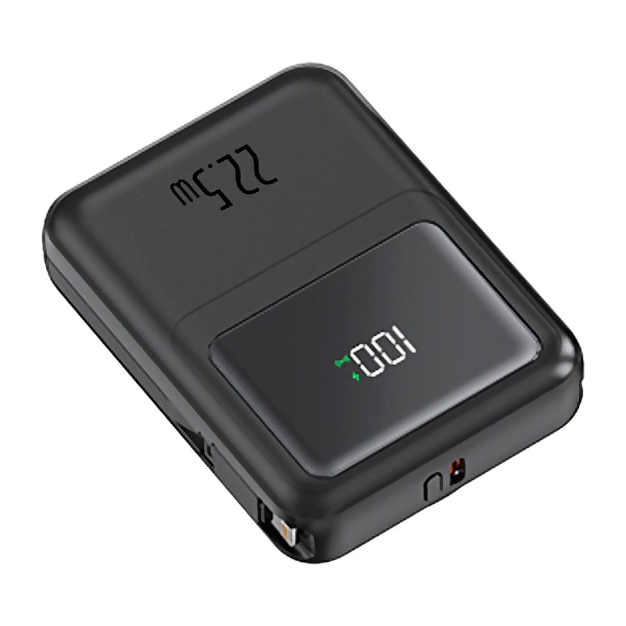 Powerbank 10.000mAh con carga rápida PD22,5W y carga inalámbrica de 15W. Cables USB-C y Lightning integrados. Pantalla led de carga.