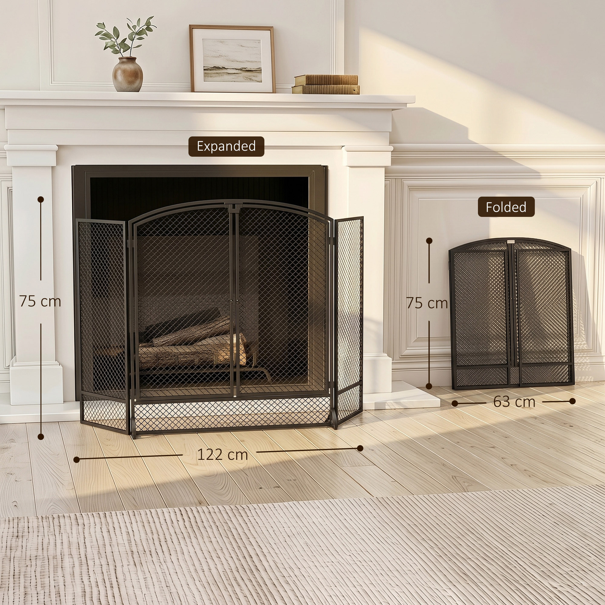 Salvachispas para Chimenea Plegable de 3 Paneles con Doble Puerta, Protector de Chimenea de Metal, Resistente al Calor, para Salón, Hogar, 122x75 cm, Negro