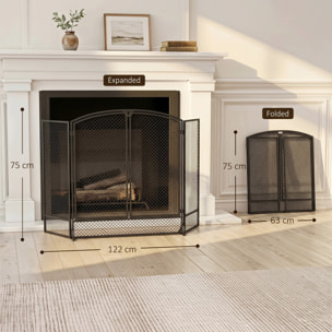 Salvachispas para Chimenea Plegable de 3 Paneles con Doble Puerta, Protector de Chimenea de Metal, Resistente al Calor, para Salón, Hogar, 122x75 cm, Negro
