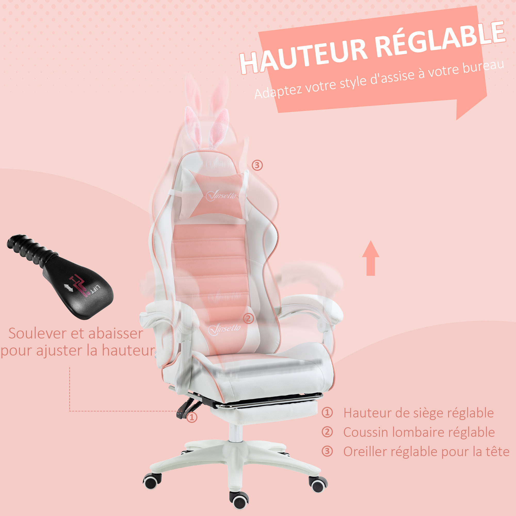 Chaise gaming fauteuil gamer inclinable réglable repose-pied rétractable oreilles de lapin amovibles rose blanc