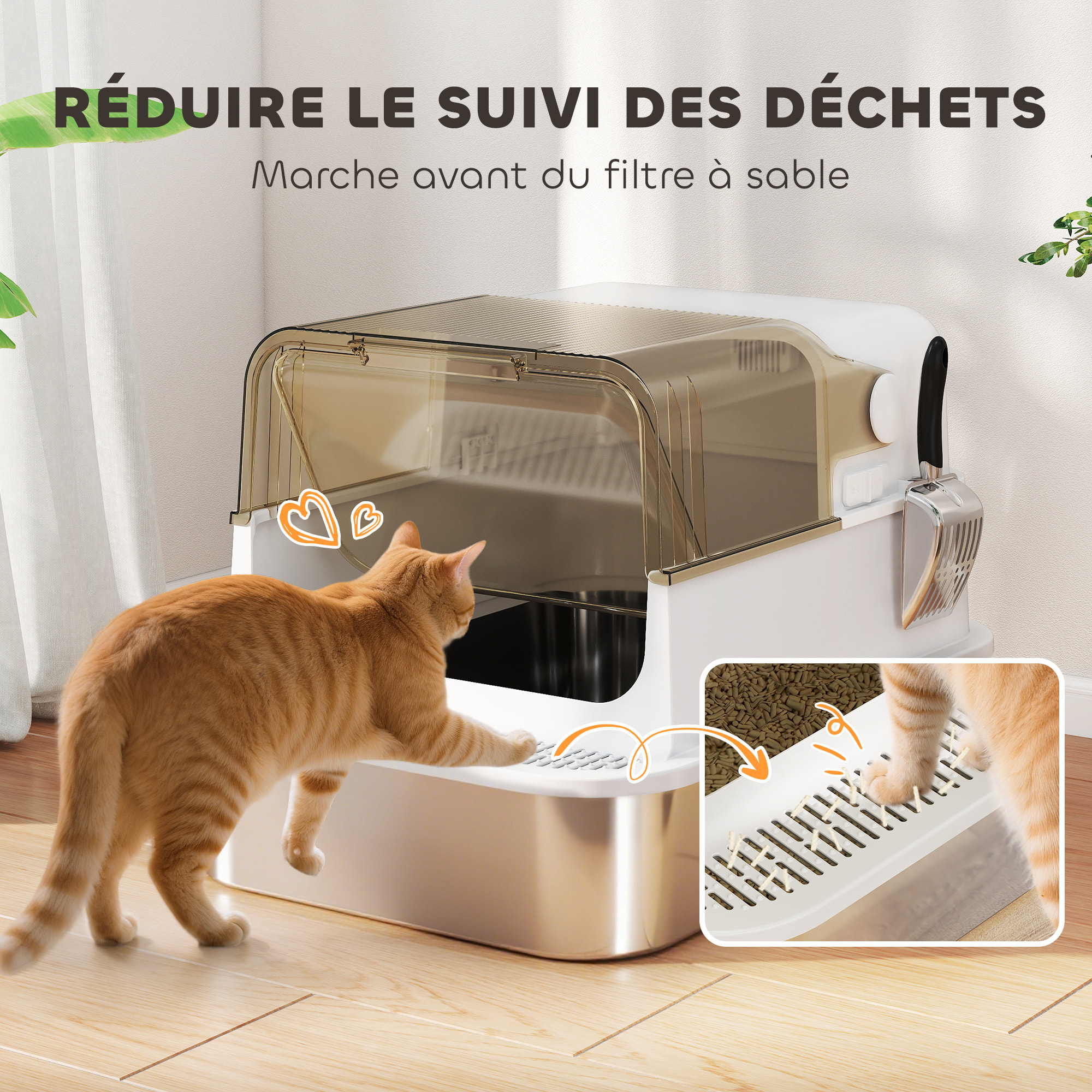Maison de toilette bac à litière fermé acier inox - pelle, couvercle ouvrant, désodorisant - blanc fumé