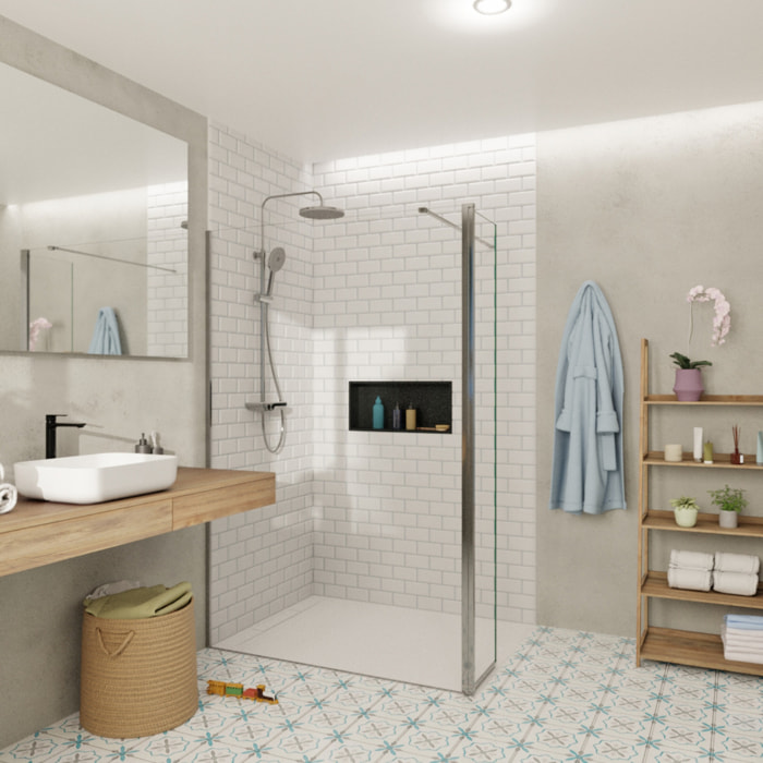 Walk-in 140x200cm Paroi et retour pivotant en verre Crystal Glass® 8 mm anticalcaire , avec bras et profilés chrome brillant