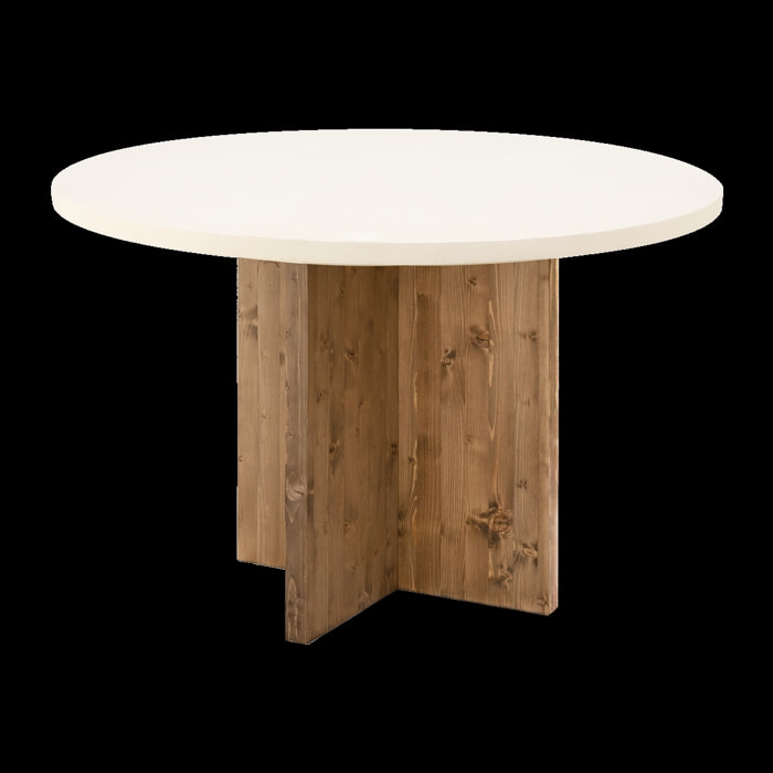 Table de salle à manger ronde en microciment de couleur blanc cassé avec des pieds en bois de chêne foncé en plusieurs tailles