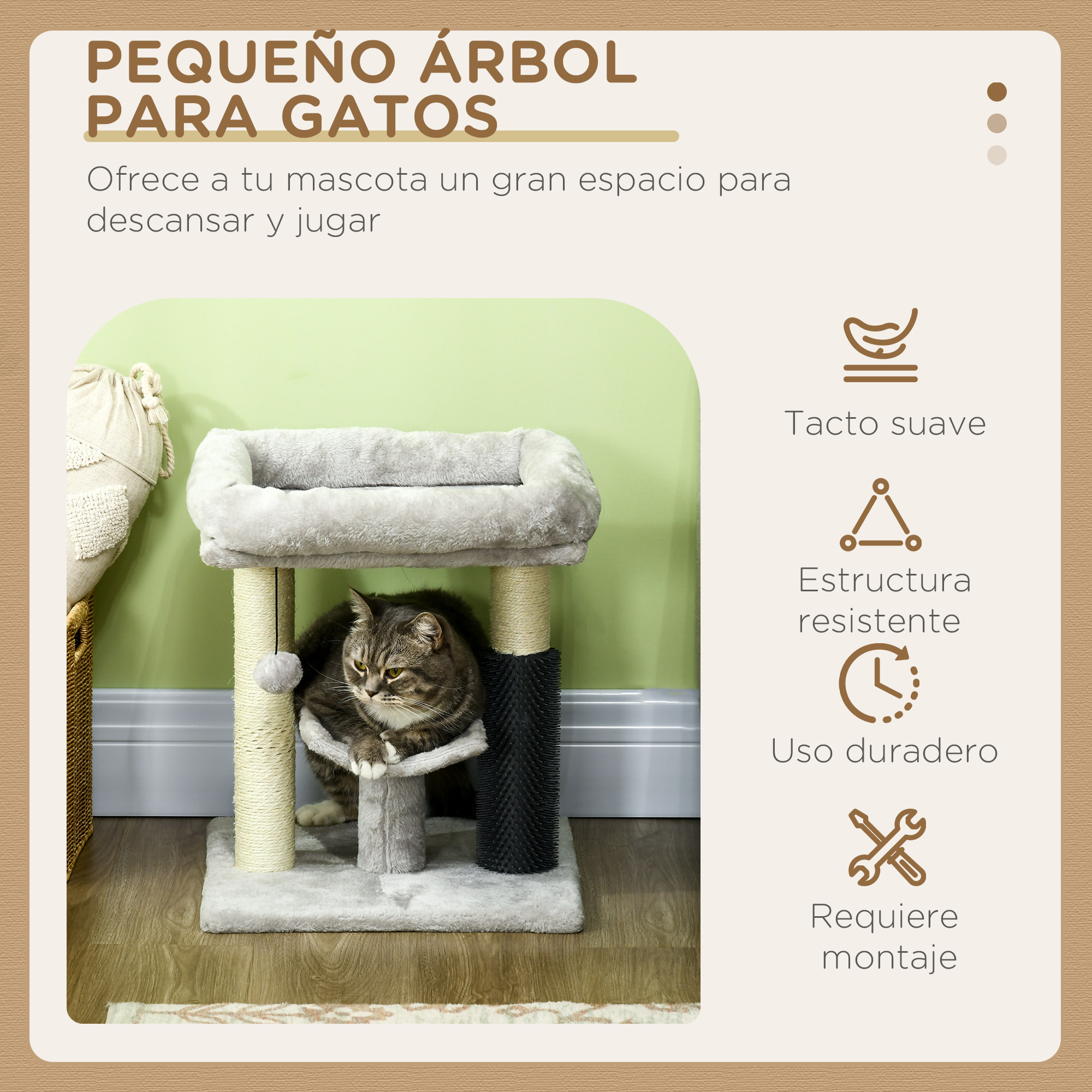 Rascador para Gatos Árbol para Gatos Altura 48 cm con 2 Postes Rascadores Cama Plataforma en U y Cepillo Bola Colgante Gris