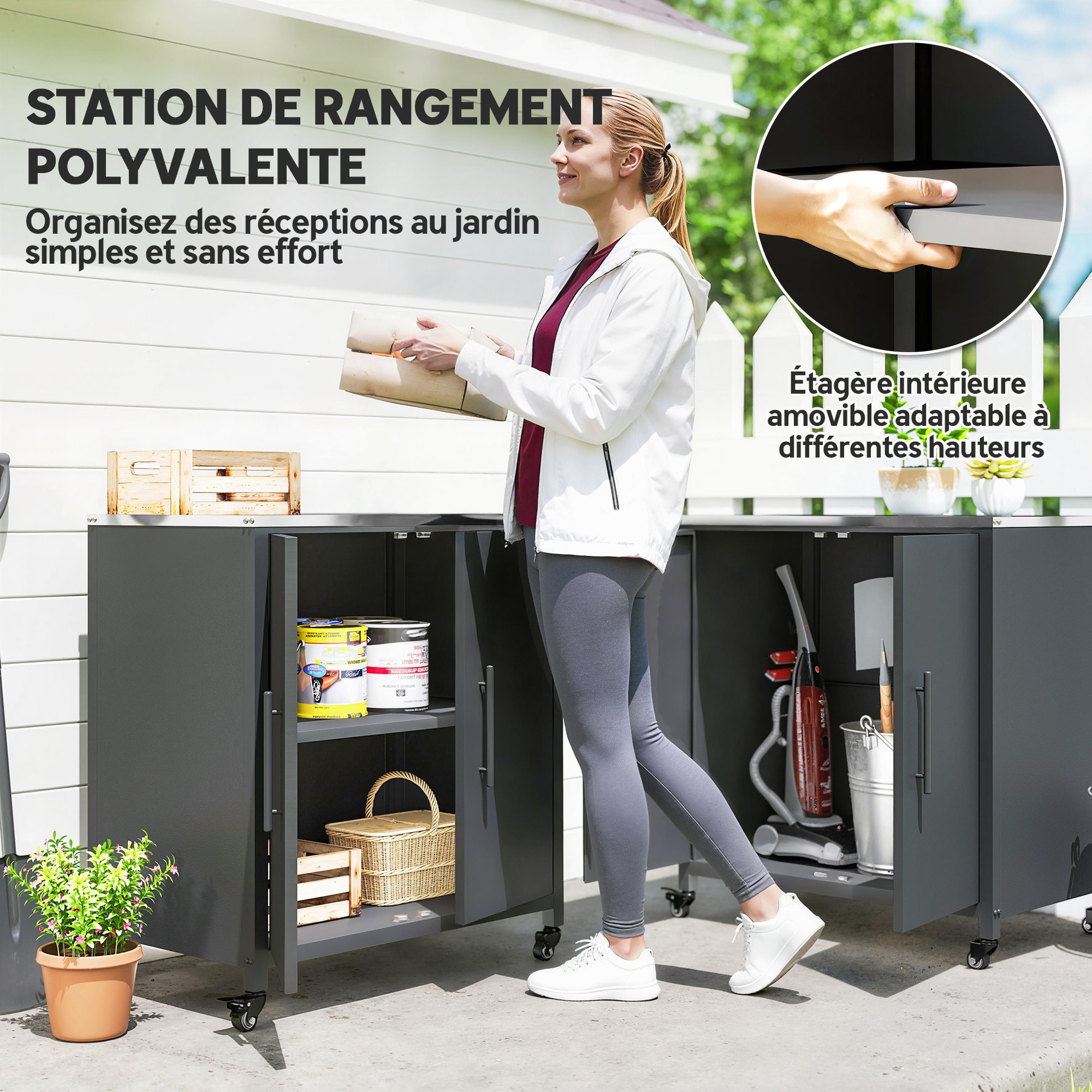 Meuble de Rangement de Jardin en Métal avec Roulettes Noir