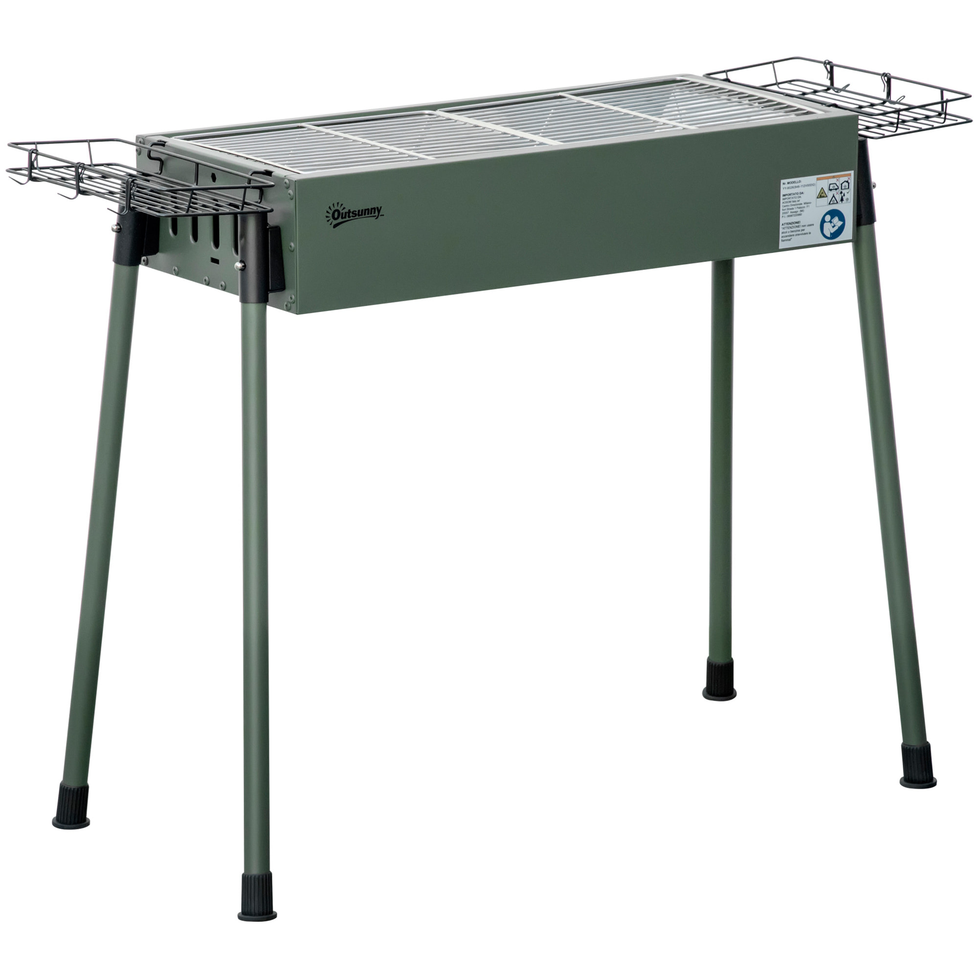 Barbecue à charbon portable - 2 grilles, 2 paniers latéraux - dim. 77L x 30l x 70H cm - acier émaillé vert