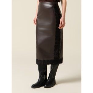 Oltre - Gonna tubino midi con inserti in pizzo - Marrone