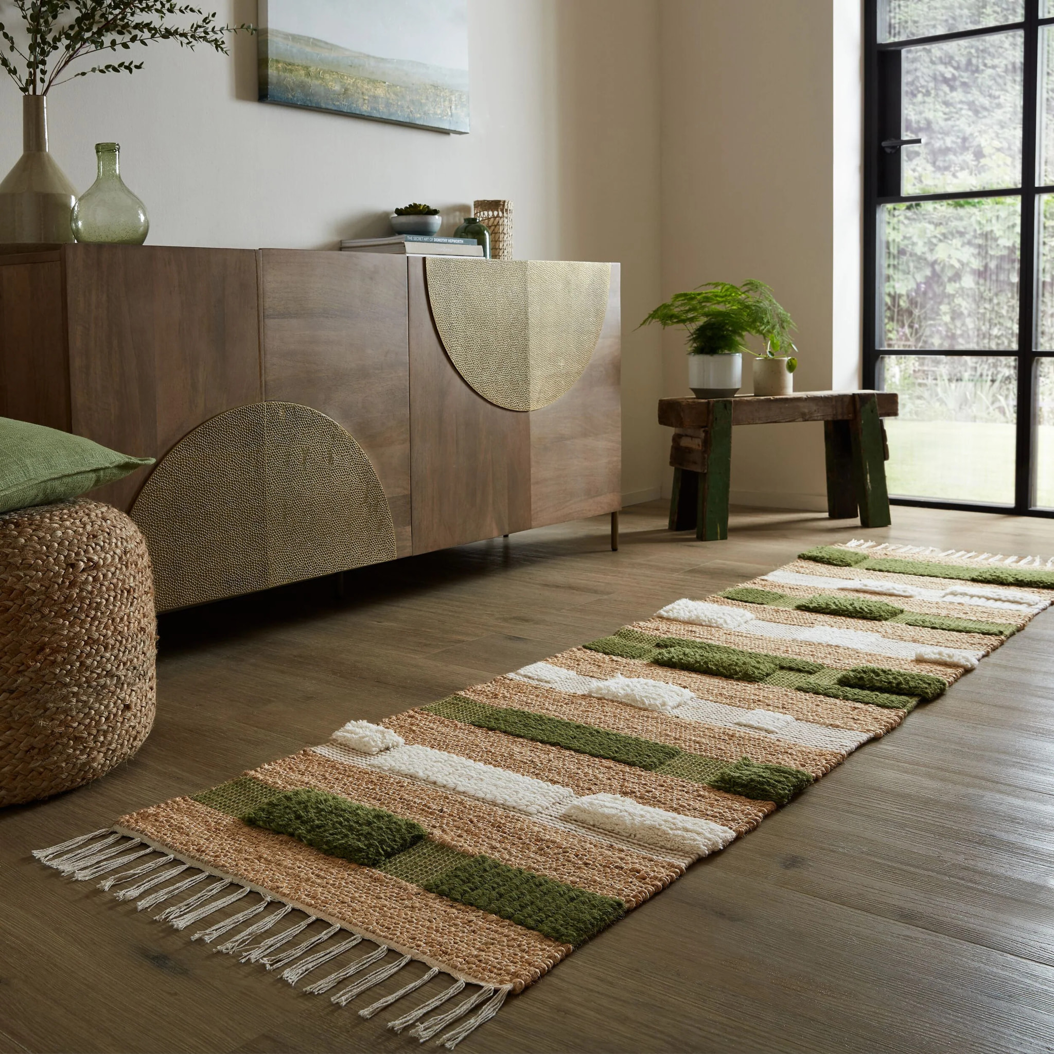 Tapis de couloir jute et laine MEDINA BLOCKS Vert