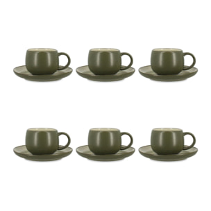 Lot de 6 tasses 22cl avec soucoupe en grès vert OLI