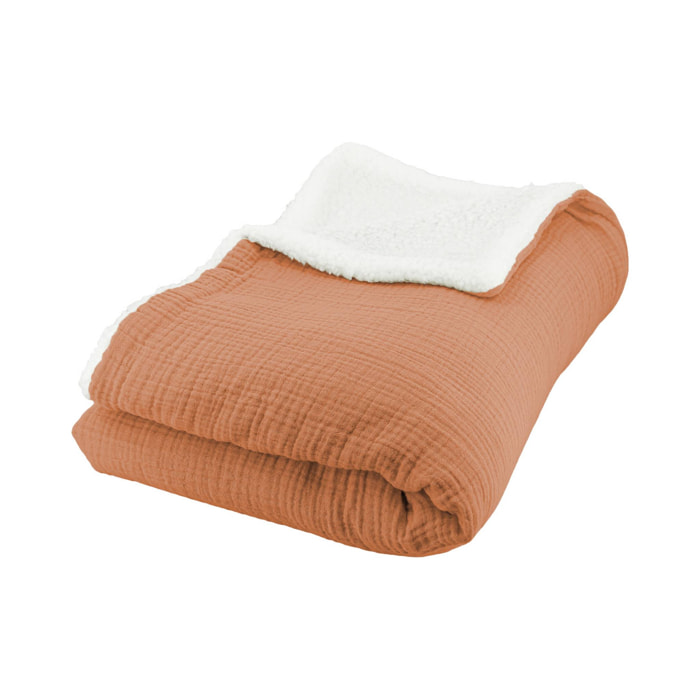 Plaid sherpa et gaze de coton 130 x 170 cm caramel. ALIX. bi-matière
