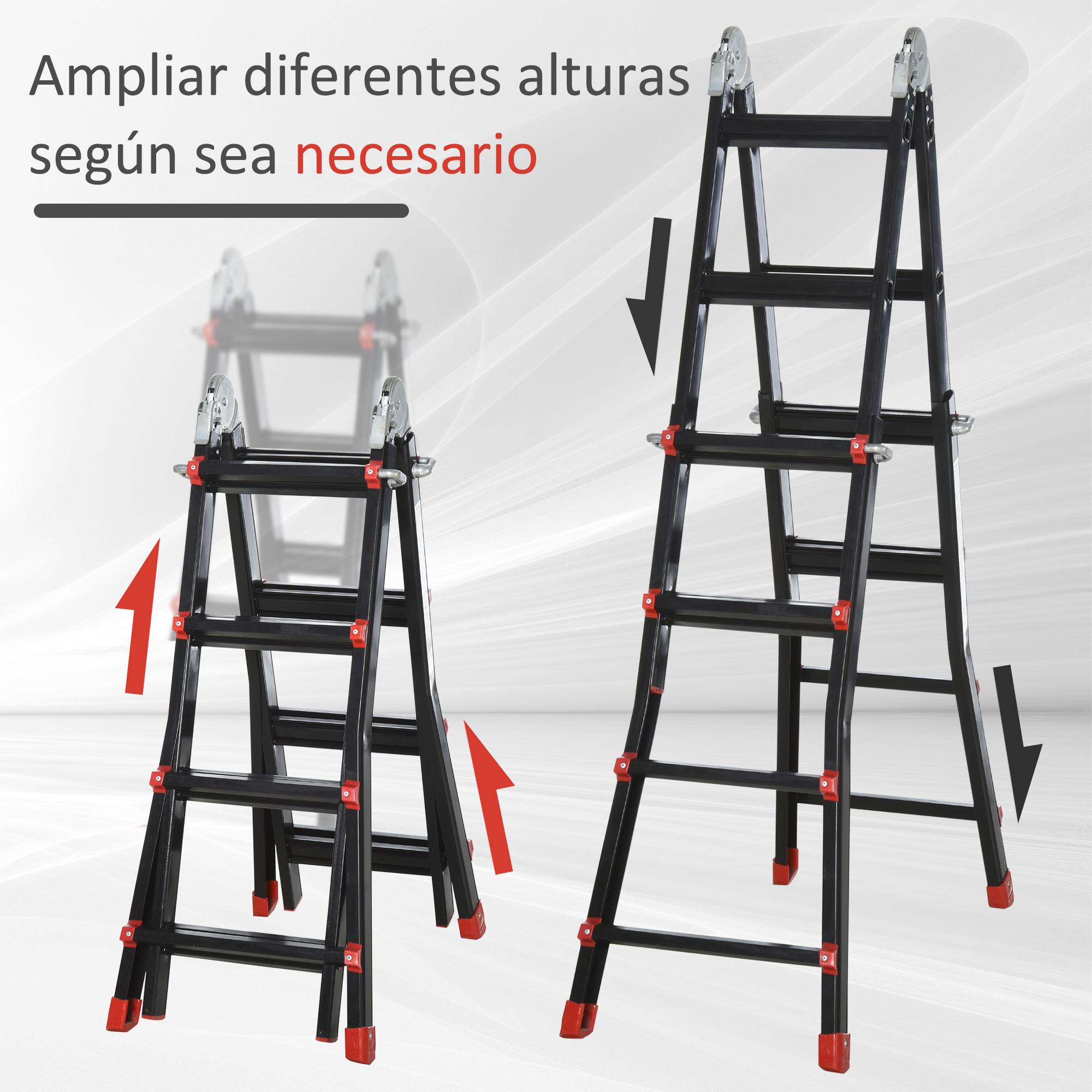 Escalera Telescópica de Aluminio 4 m Escalera Extensible Plegable con 8 Peldaños Ajustables y 2 Formas Escalera Multiusos Carga 150 kg Negro y Rojo