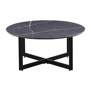 Tavolino tondo basso con top effetto marmo grigio scuro con piedi neri 75x75x35 cm - Yara