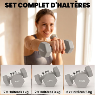 Lot de 3 paires d'haltères hexagonaux total 18 Kg avec support en bois