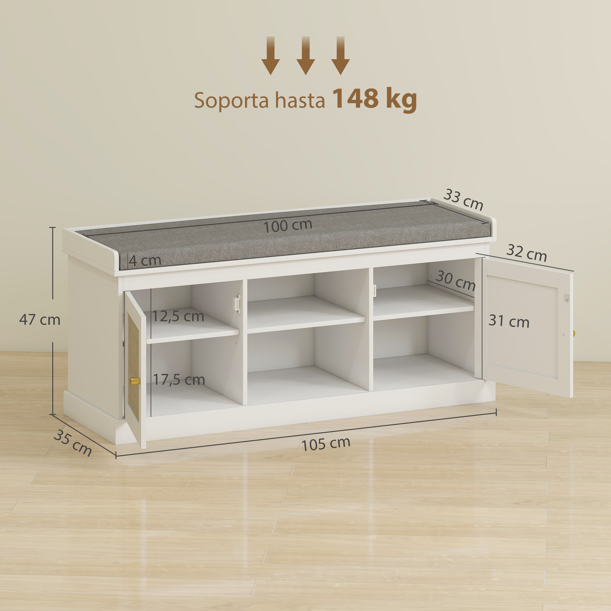 Banco Zapatero Mueble Zapatero Banco Recibidor Bohemio con Asiento Acolchado Puertas Frentes de Ratán Estante Abierto Estante Ajustable para 9 Pares de Zapatos para Entrada 105x35x47 cm Blanco