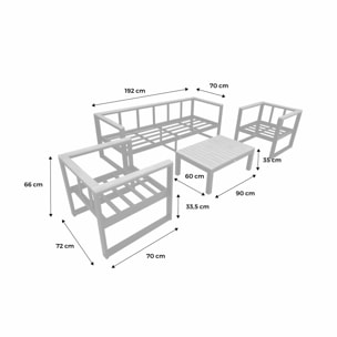 Salon de jardin 5 places en aluminium et eucalyptus – NAZCA – Structure blanche. Coussins beiges