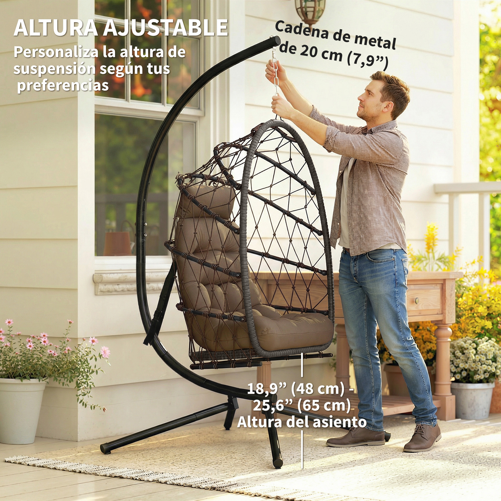 Silla Colgante Huevo con Soporte, Columpio Jardín Exterior con Cesta Plegable de Ratán, Cojín Grueso, Reposacabezas, Altura Ajustable, Funda Protectora Cuerda para Interior y Exterior, Marrón