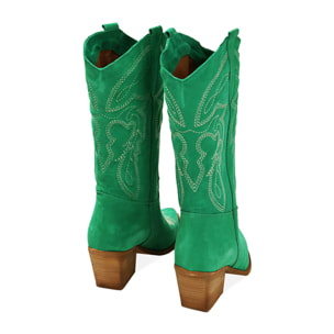 Stivali texani verdi in camoscio, tacco 7 cm