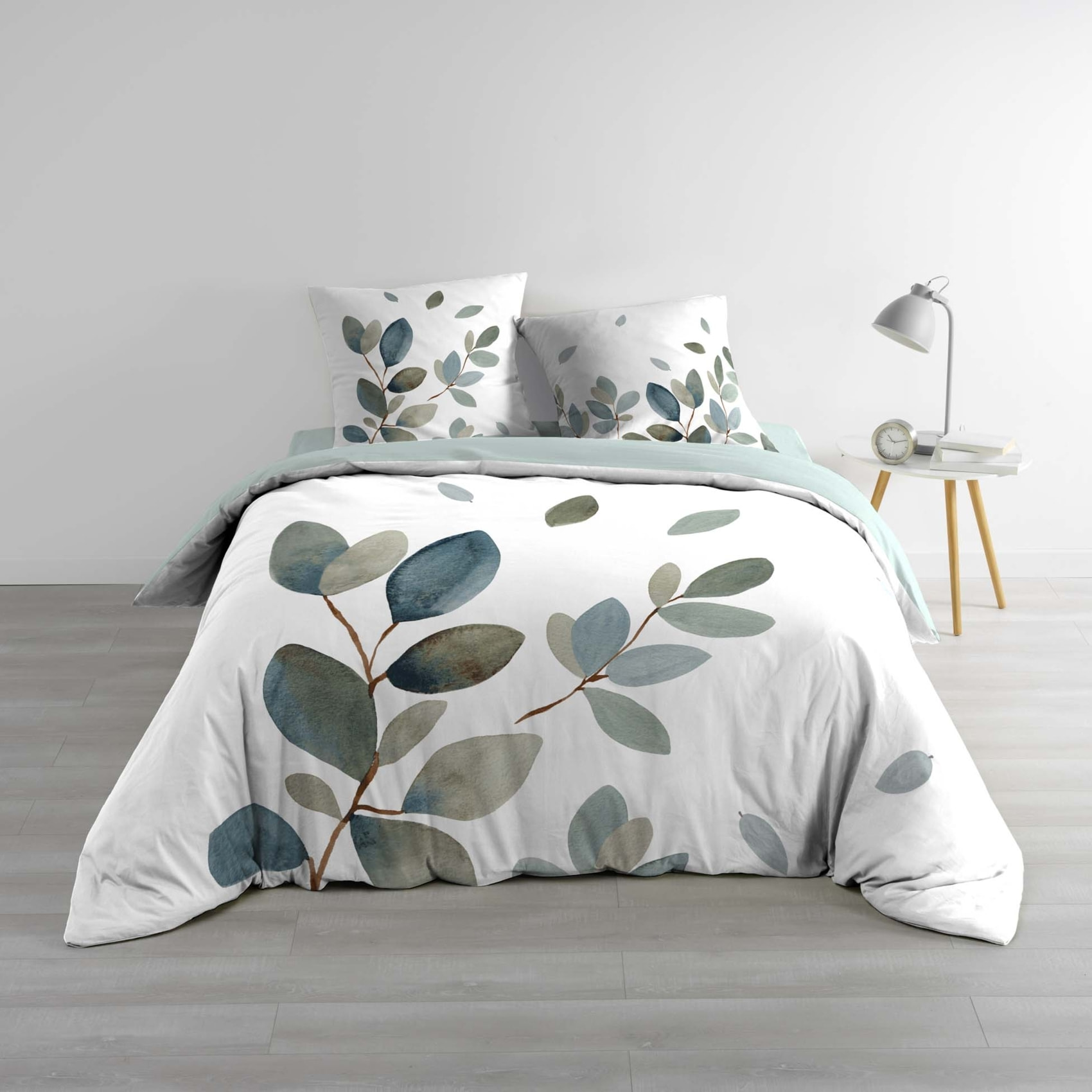 Parure de lit 3 pièces 100 % coton imprimé à motif végétal housse + taies - Bleu