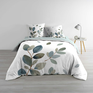 Parure de lit 3 pièces 100 % coton imprimé à motif végétal housse + taies - Bleu