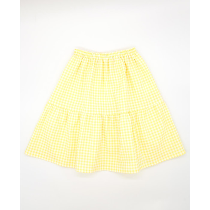 Falda midi cuadro vichy amarillo. Hecha de volantes, elastica en la cintura.