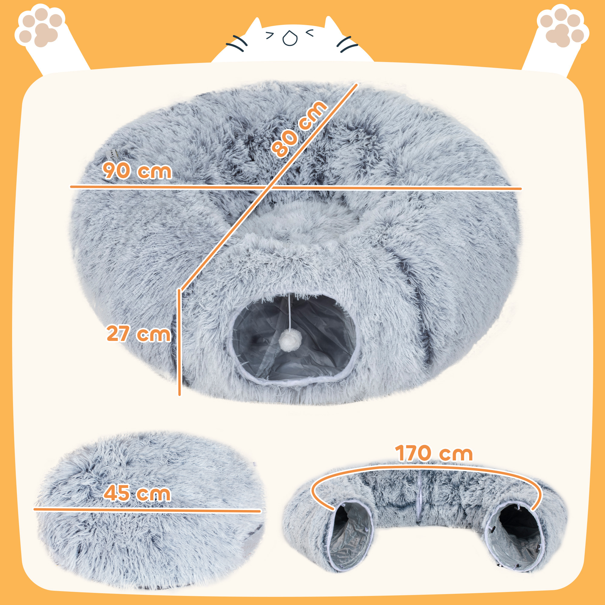 Panier tunnel chat 2 en 1 coussin amovible lavable jeu boule intégrés