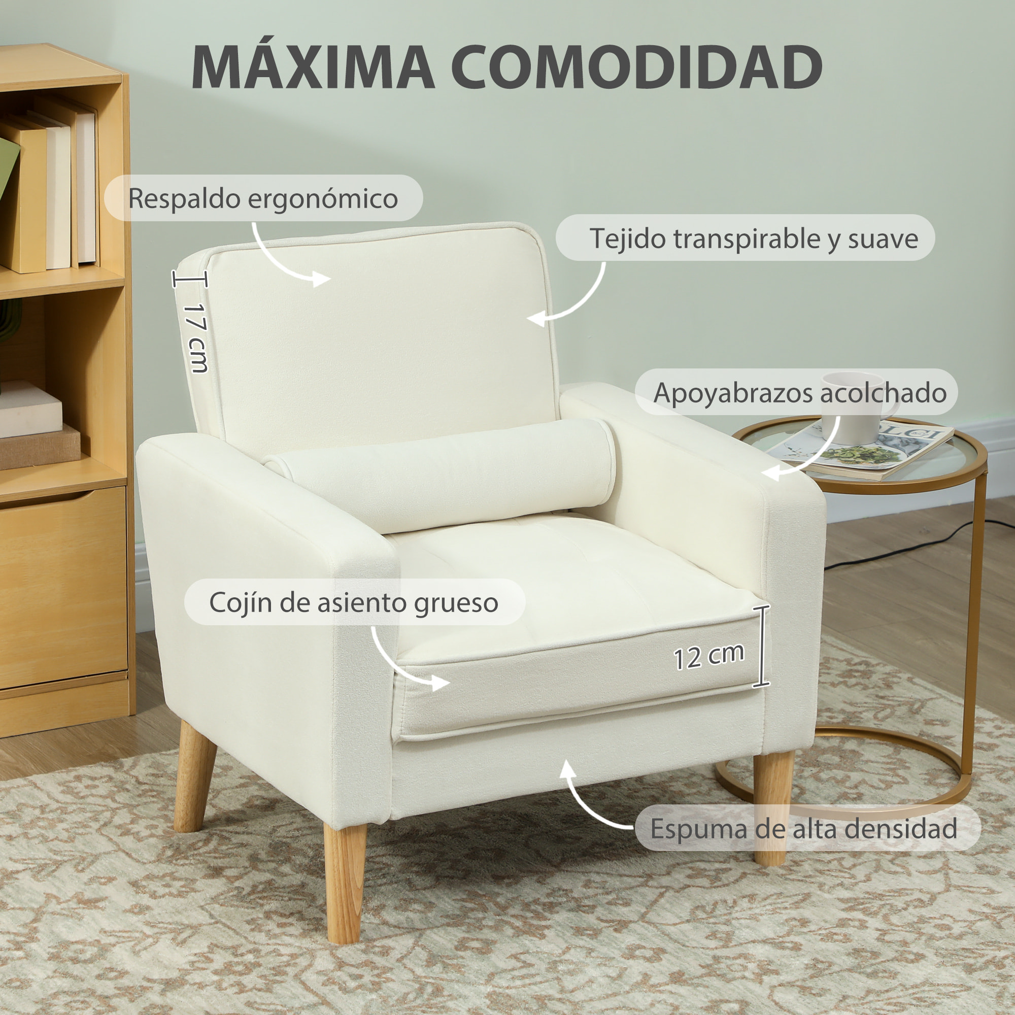 Sillón de Salón Tapizado en Terciopelo Butaca de Salón de 76 cm con Asiento Capitoné 1 Almohada y Patas de Madera para Espacios Pequeños Dormitorio Sala de Estar Oficina Crema