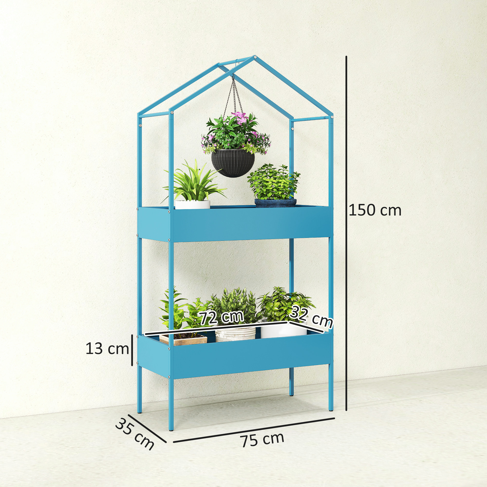 Étagère à plantes en métal 2 niveaux forme de maison bleu