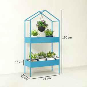 Étagère à plantes en métal 2 niveaux forme de maison bleu