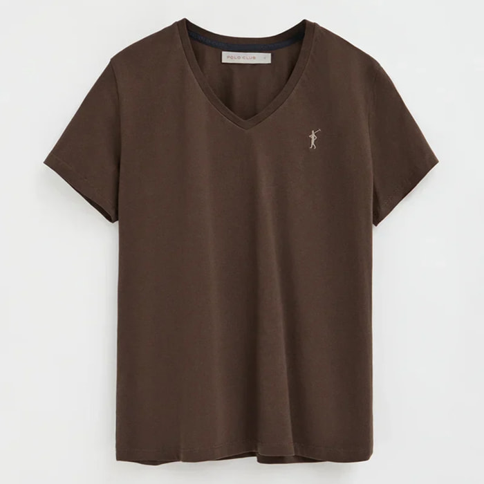 Maglietta cioccolato a maniche corte e scollo a V con ricamo Rigby Best