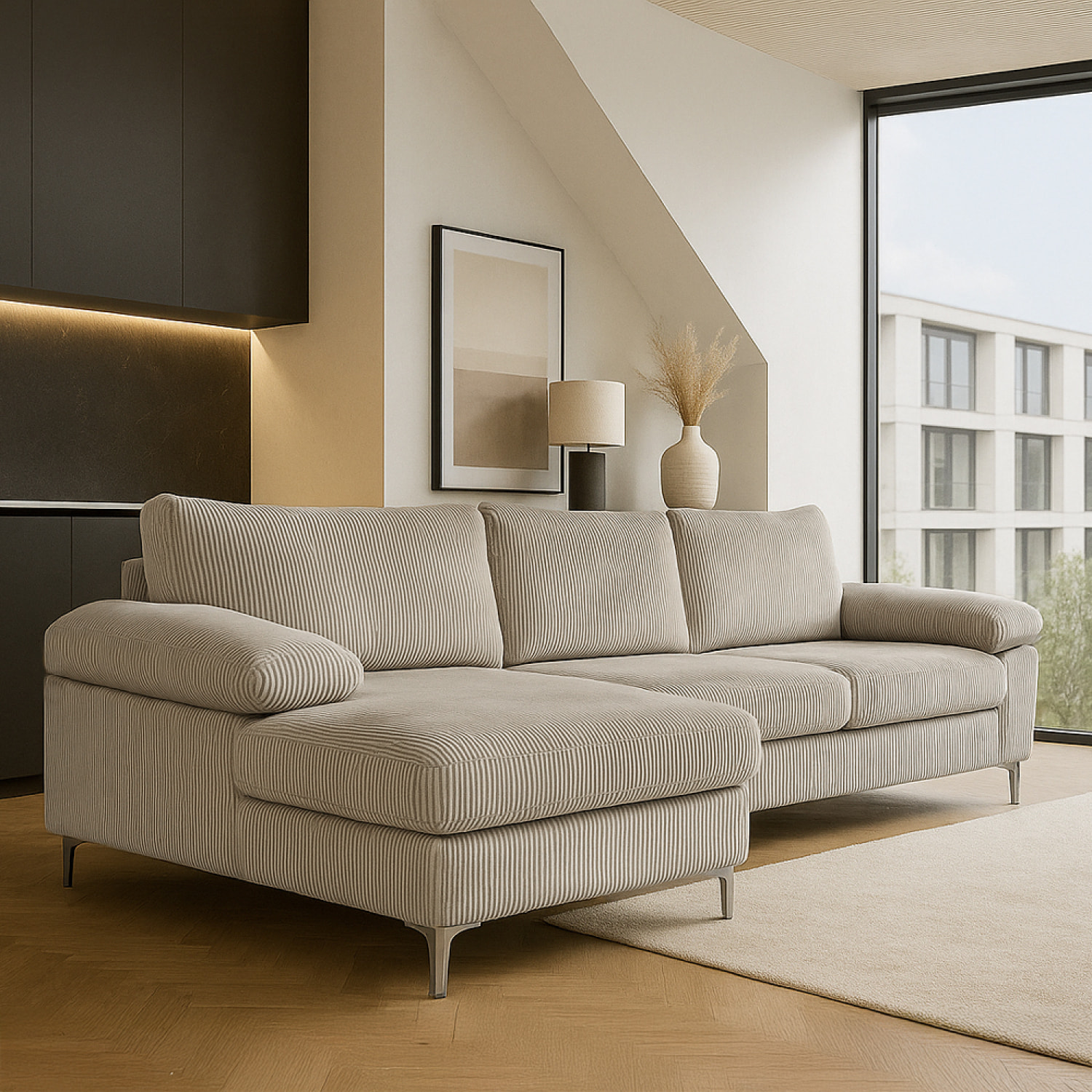 SOUTH Canapé d'angle 4-5 places méridienne gauche velours côtelé beige