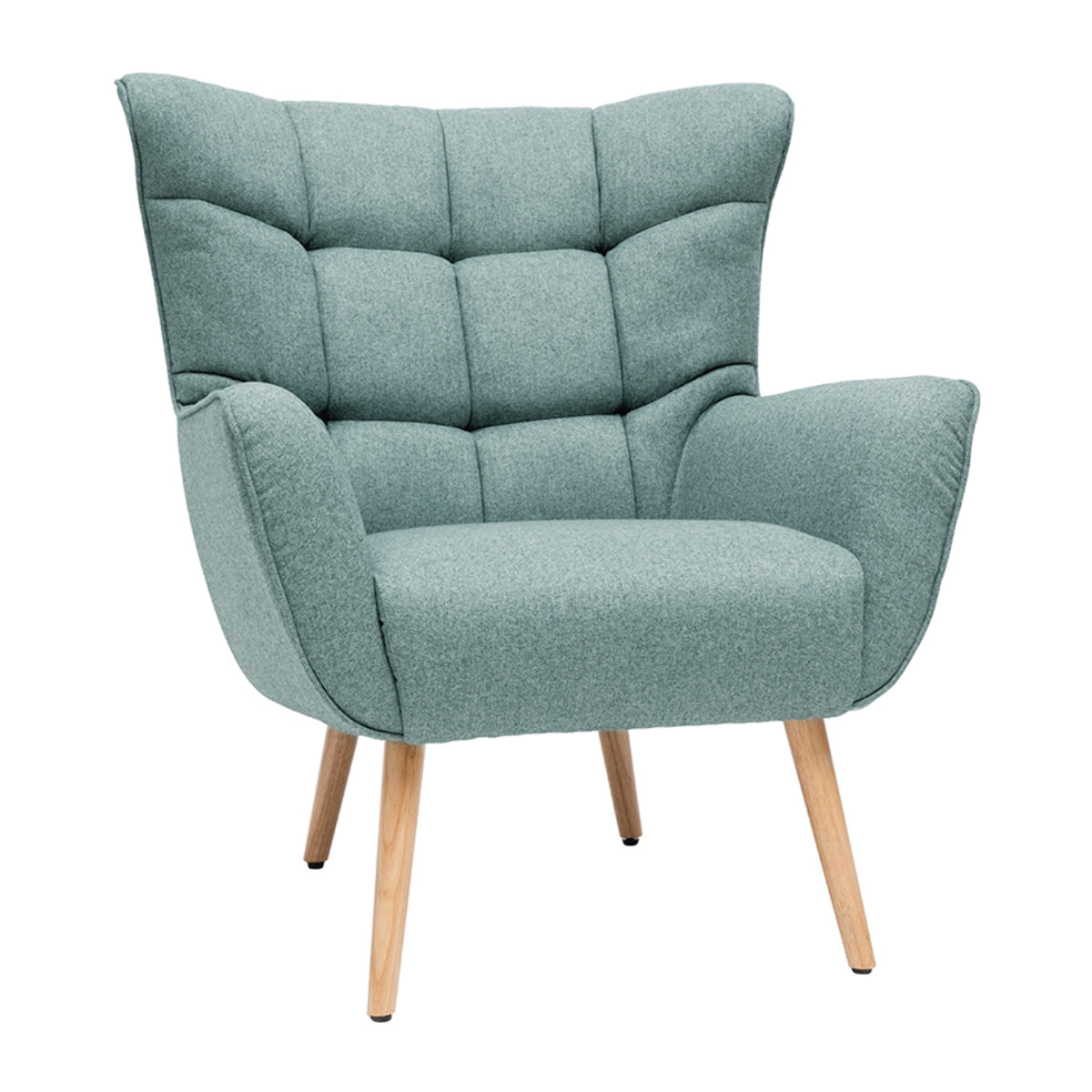 Fauteuil scandinave en tissu vert de gris et bois clair AVERY