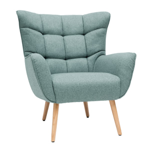 Fauteuil scandinave en tissu vert de gris et bois clair AVERY