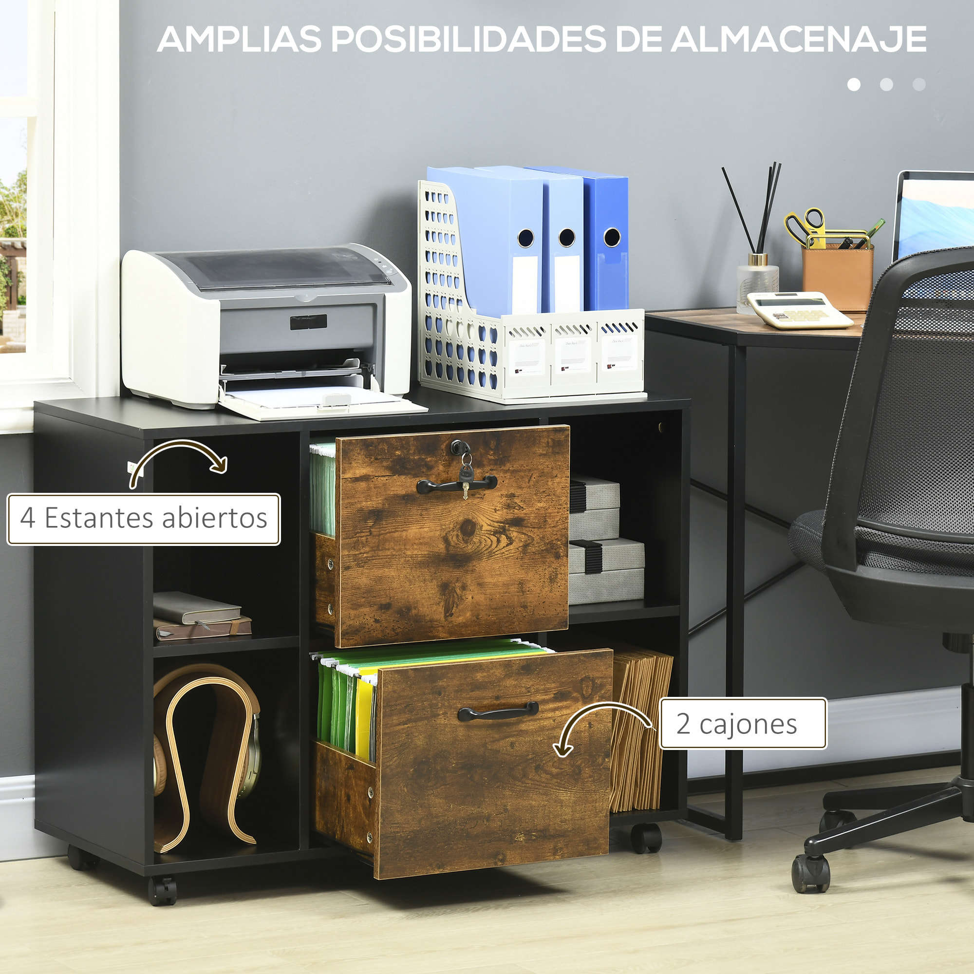 Vinsetto Mueble Impresora con Ruedas y 2 Cajones Armario para Impresora con Cerradura y Estantes Abiertos para Documentos Tamaño Carta y A4 90x37,5x68,5 cm Marrón Rústico y Negro