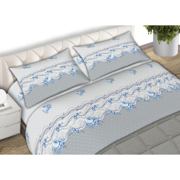 Completo Lenzuola 100% Cotone Flowers Azzurro