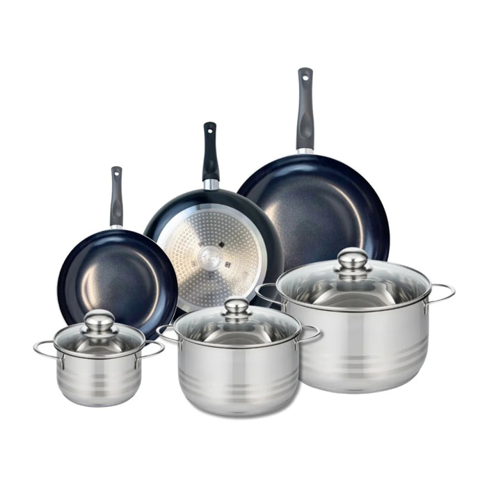 Ensemble de 3 Poêles de cuisson 20, 24 et 28 cm et 3 faitouts 14, 20 et 24 cm Elo Prima Brillant